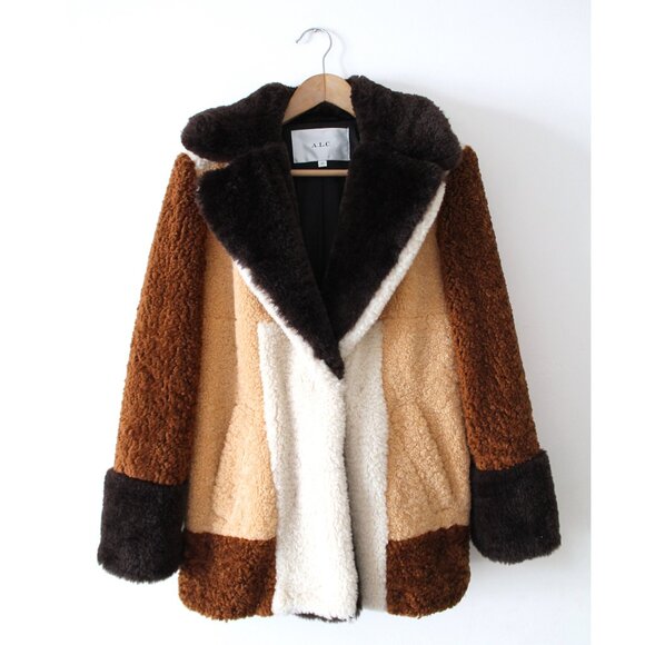 A.L.C. Stefan Faux Fur Shearling Patchwork Coat / XS / Brown Multi Teddy Sherpa - Picture 5 of 11